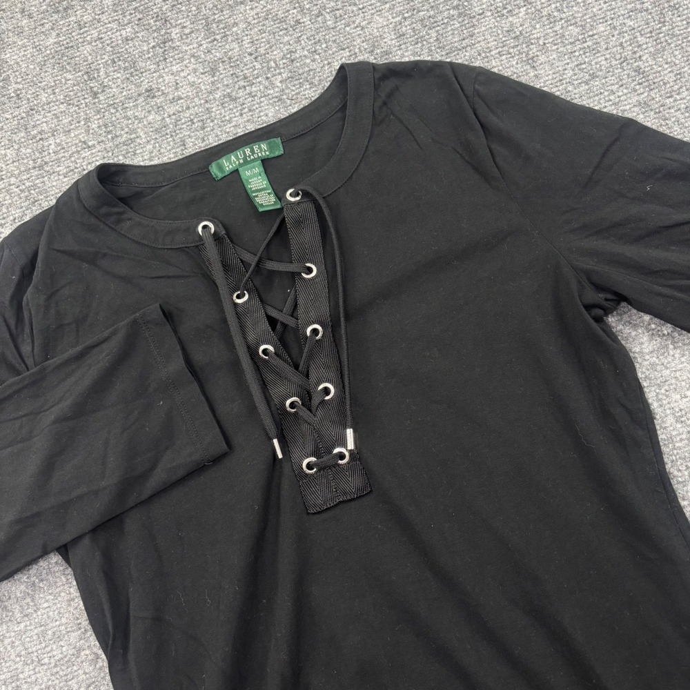 Lauren Ralph Lauren Top M Black Lace Up Grommet 3/4 Sleeve Cotton Womens